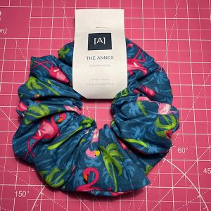 Jumbo teal flamingo-print scrunchie handmade by Ann