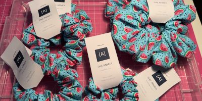 Watermelon scrunchies in Mini, Classic, and Jumbo sizes handmade by Ann