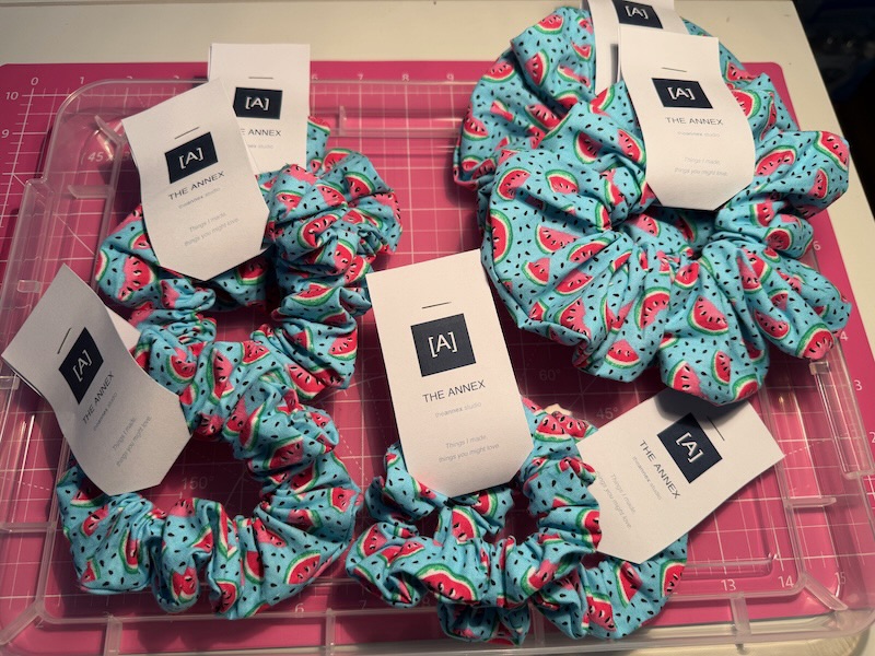 Watermelon scrunchies in Mini, Classic, and Jumbo sizes handmade by Ann