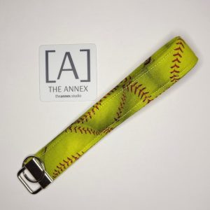 Yellow softball print wristlet keychain with silver-tone hardware